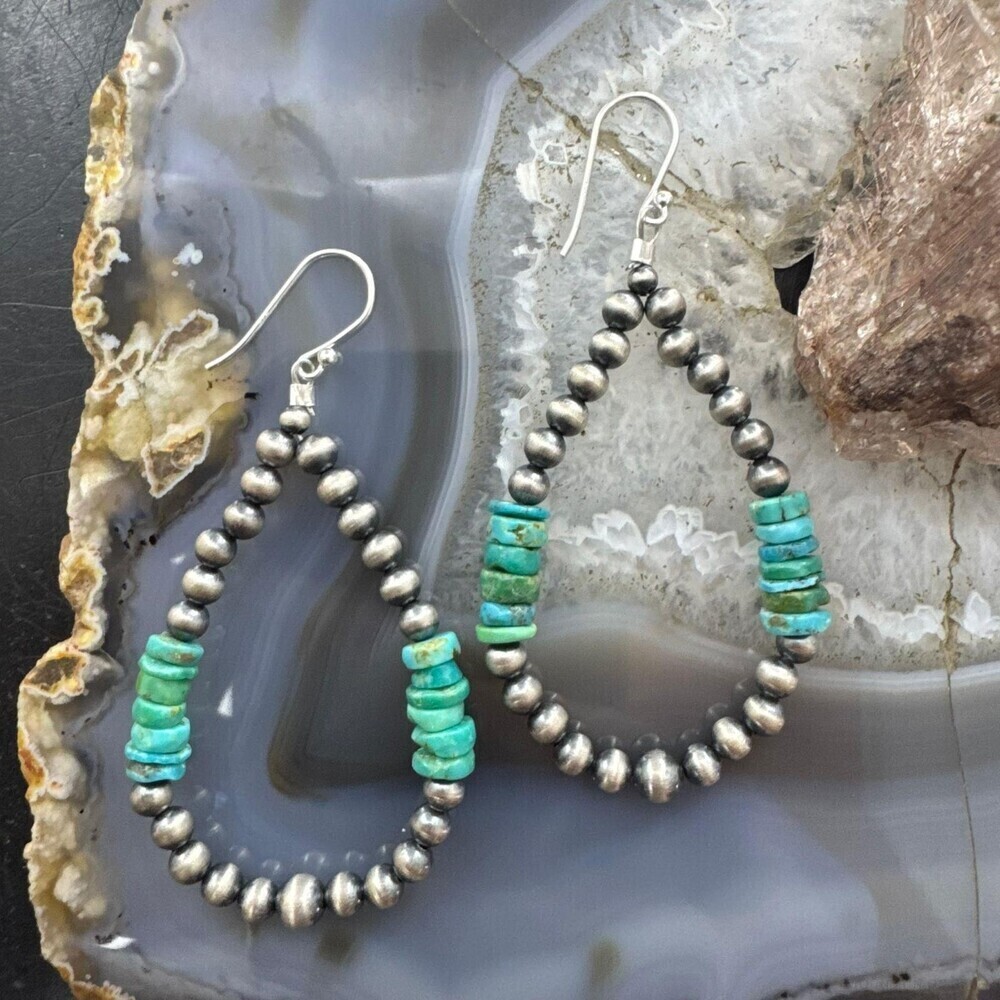 Sterling 4mm Navajo Pearl Southwester Style & 6mm Turquoise Bead Hoop Earrings